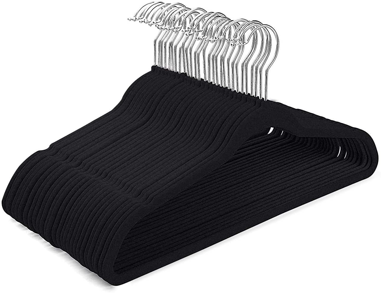 Ganchos - Ganchos para Ropa de Terciopelo, 50 Unidades, Caja, Color Negro, Perchas de Ropa, Calidad Premium