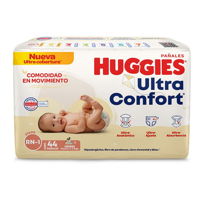 Huggies Ultraconfort Pañal Desechable para Bebé, Etapa Recién Nacido - 1 Unisex, Paquete con 44 Piezas, hasta 5.5 kg