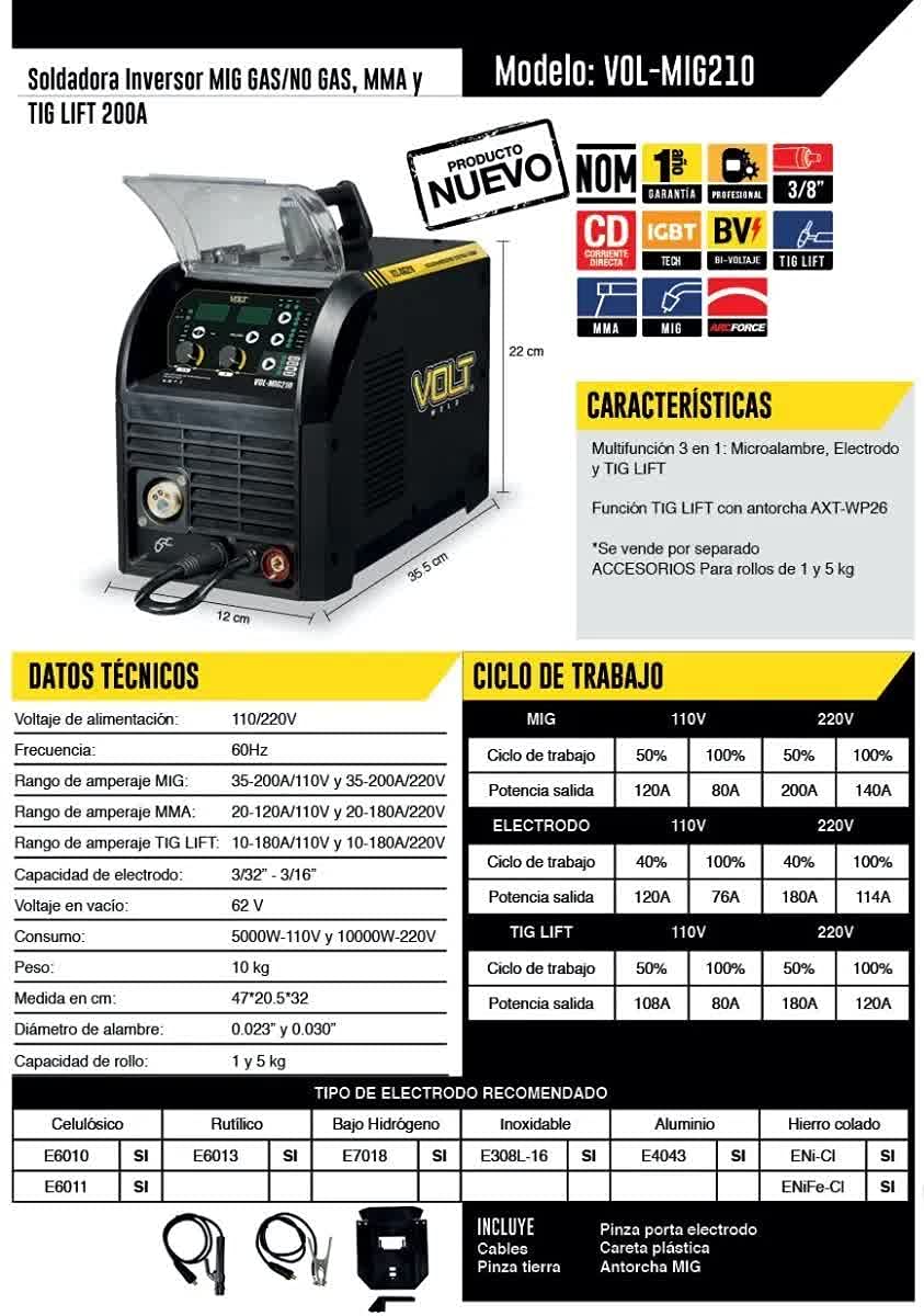 VOLT - Soldadora inverter Axtech Volt VOL-MIG210 110V/220V