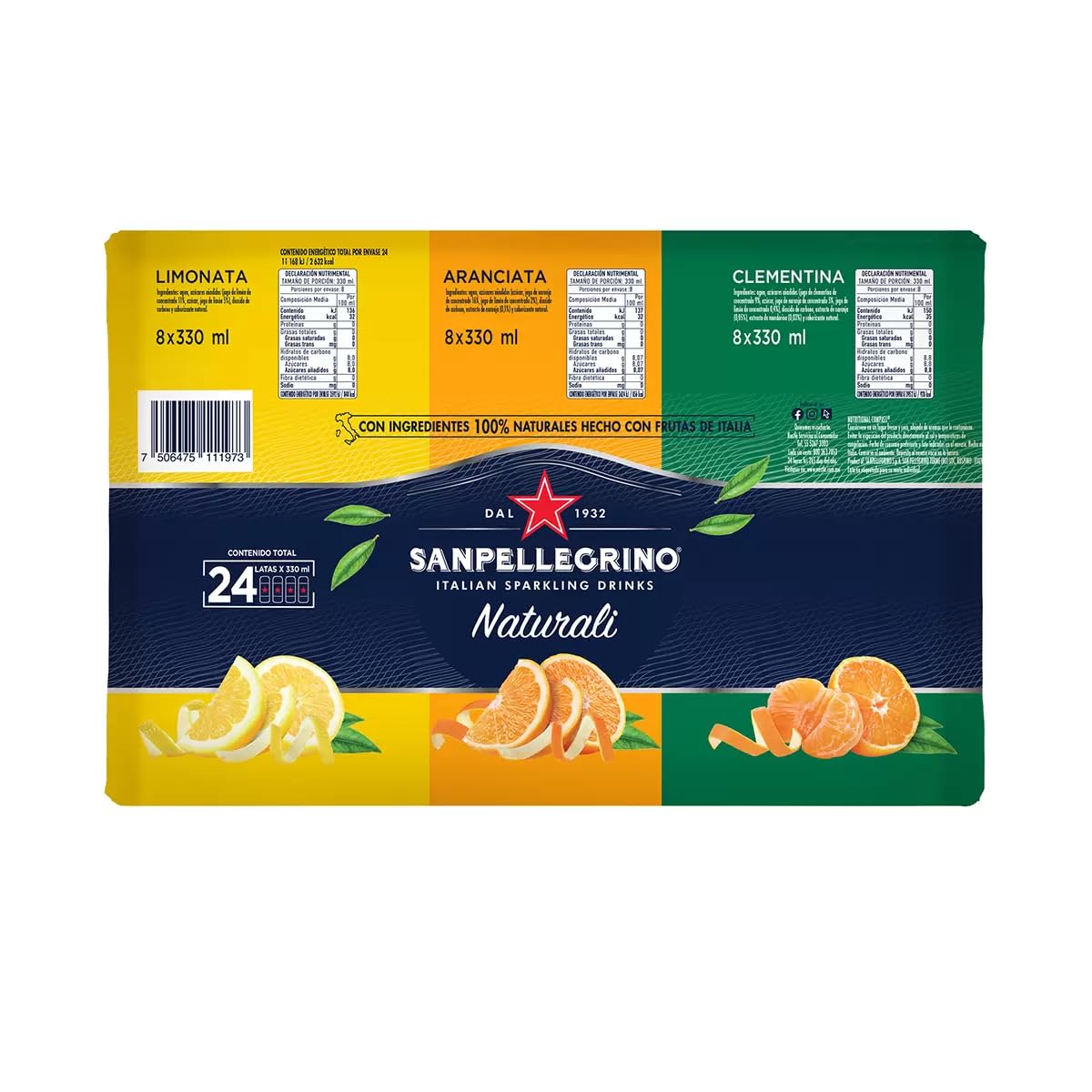 San Pellegrino Mix Pack Aranciata, Limonata y Pompelmo, Sabor Varios, 330 ml, 24 Piezas