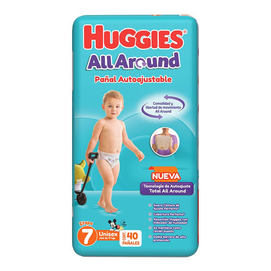 Huggies All Around Pañal Desechable para Bebé, Etapa 7 Unisex, Paquete con 40 piezas, Ideal para bebés de más de 17 kg