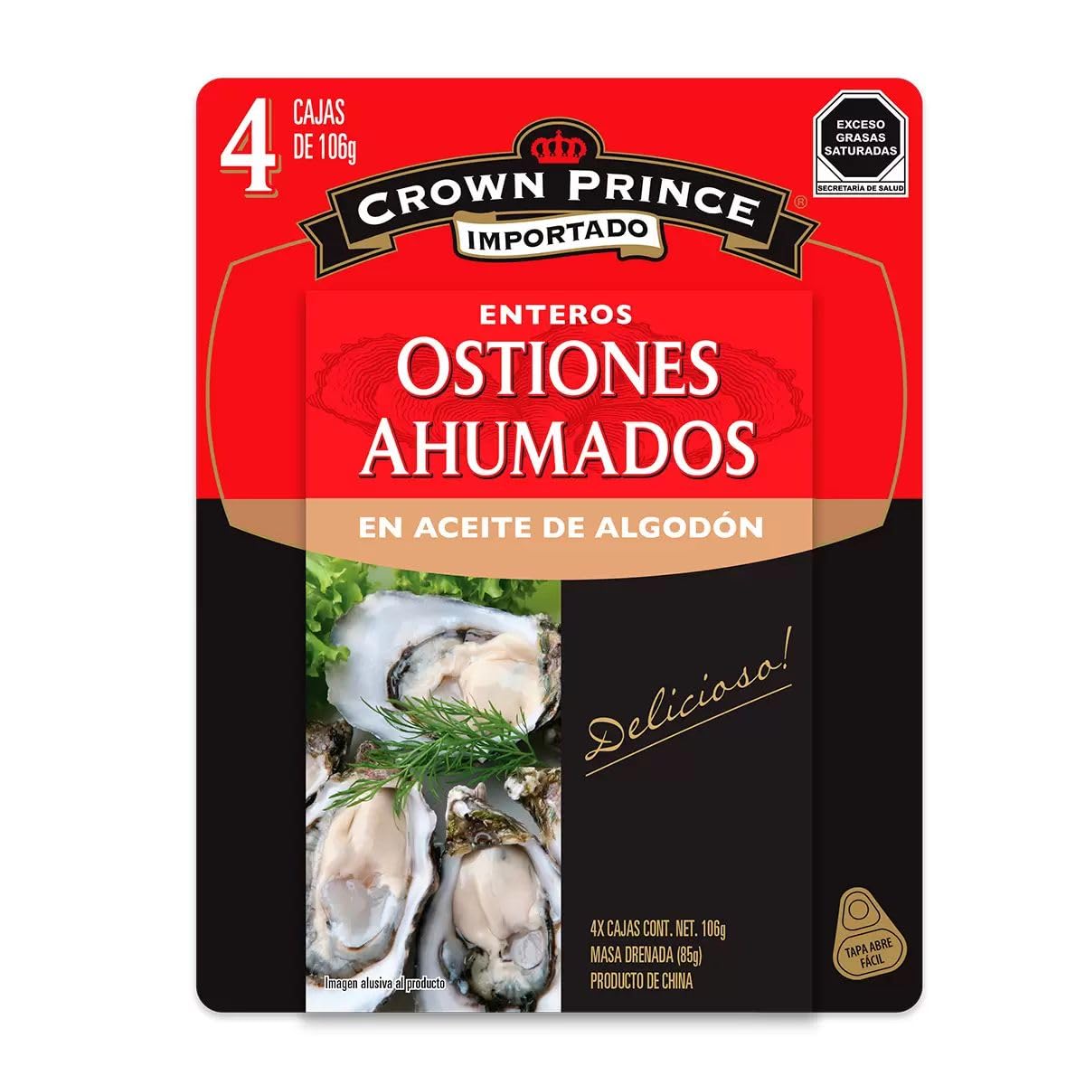 Crown Prince Ostiones Ahumados Enteros en Acite de Algodón 106 g - 4 Pack