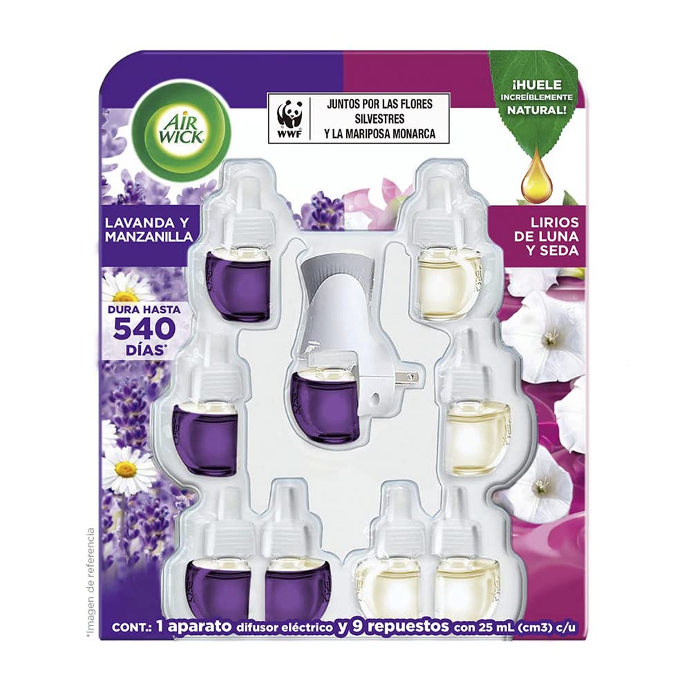 Air Wick® Aromatizante de Ambiente Eléctrico Aparato + 5 Repuestos Lavanda Manzanilla y 4 Lirios de Luna y Seda 25 ml c/u