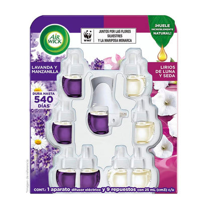 Air Wick® Aromatizante de Ambiente Eléctrico Aparato + 5 Repuestos Lavanda Manzanilla y 4 Lirios de Luna y Seda 25 ml c/u