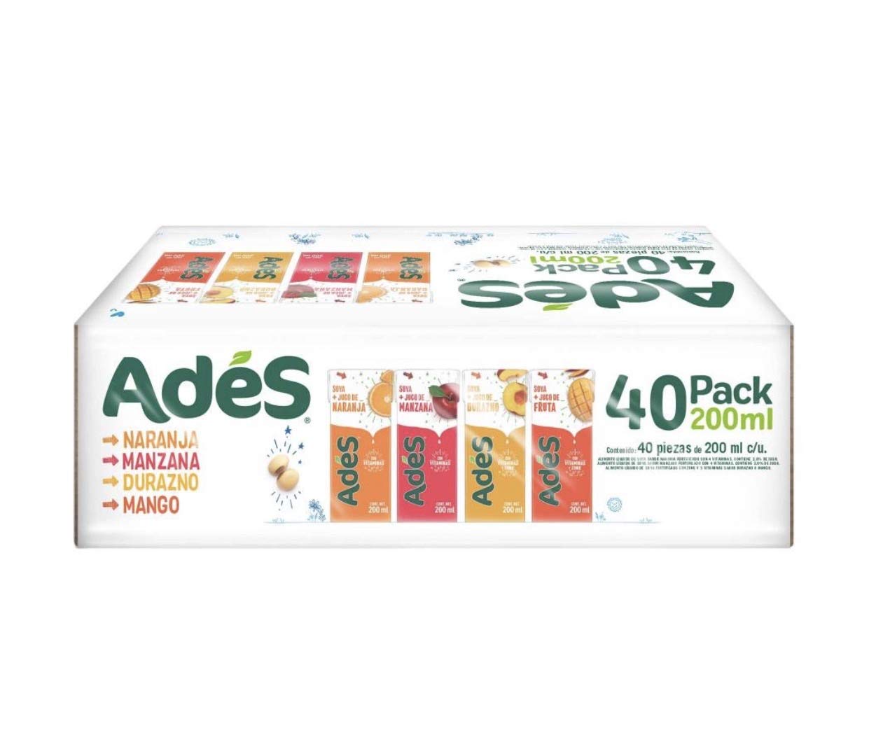 Fiico Ades - ADES BEBIDA DE SOYA SOJA PAQUETE JUMBO SURTIDO CON 40 PIEZAS DE 200 ML NUTRITIVO SALUDABLE REFRESCANTE AGUA FRESCA JUGUITOS JUGO