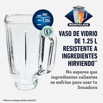 Oster - Licuadora clásica cromada 3 velocidades vaso de vidrio BLST4655Z013