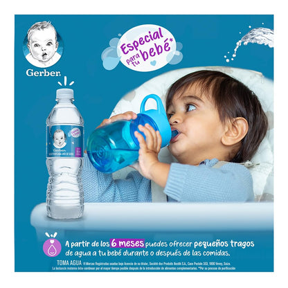 Gerber Agua Purificada, Agua Natural Suave, Especial para bebés, Pack de 24 botellas de 500ml c/u, Libre de Sodio, Con Calcio y Magnesio.