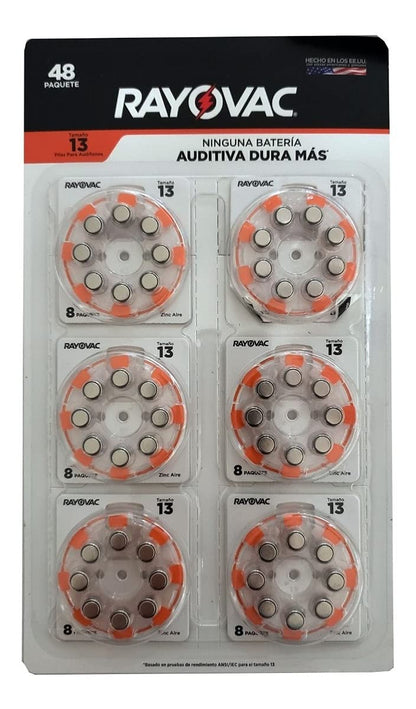 Rayovac 48 Pilas Auditivas 13, Paquete con 6 Blister de 8 Pilas c/u.