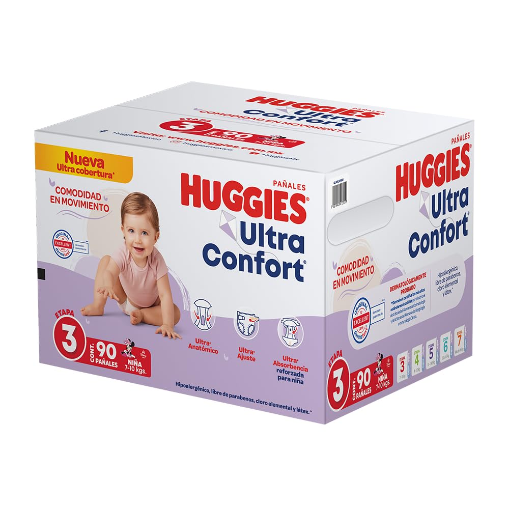 Huggies UltraConfort Pañal Desechable para Bebé, Etapa 3 Niña, Caja con 90 piezas, Ideal para Bebés de 7 a 10 kg