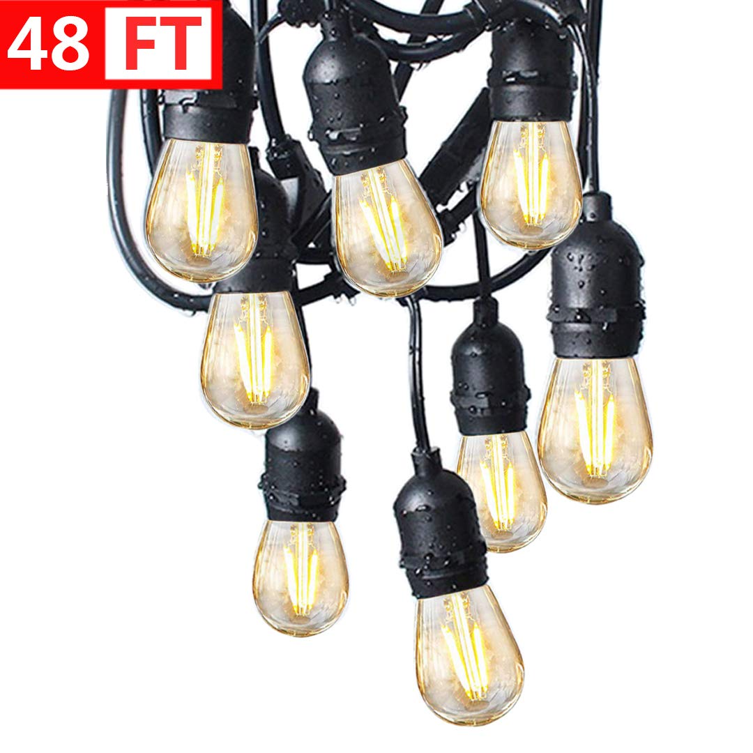 BRIGHTSHOW - Techo 48FT LED Luces de cadena al aire libre Impermeable Regulable 15PCS 2W Vintage Edison Bulbos de vidrio