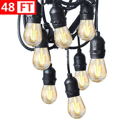 BRIGHTSHOW - Techo 48FT LED Luces de cadena al aire libre Impermeable Regulable 15PCS 2W Vintage Edison Bulbos de vidrio