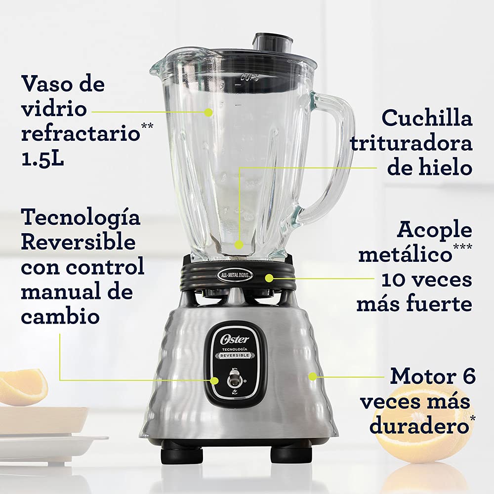 Oster - Licuadora clásica Oster reversible cromada vaso de vidrio BLSTBESTE013