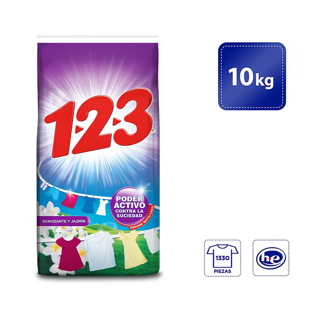 VORAGA 123 - 1-2-3 MAXI PODER con Suavizante y Jazmín 10 kg, detergente en polvo, Con suavizante extra y olor a jazmín, Ropa brillante, fresca y suave.
