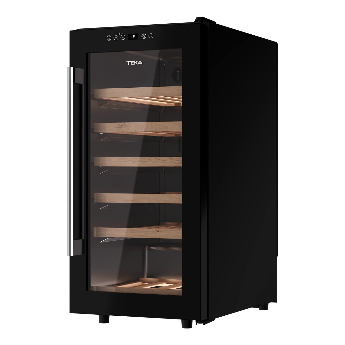 Enfriador de Vinos TEKA marca Alemana modelo RVF 10032 GBK.Libre instalación.Acero inoxidable.Capacidad 83Litros/32botellas.Puerta cristal negro.5 anaqueles de madera.Ilimunación LED.nivel sonor 42DB.