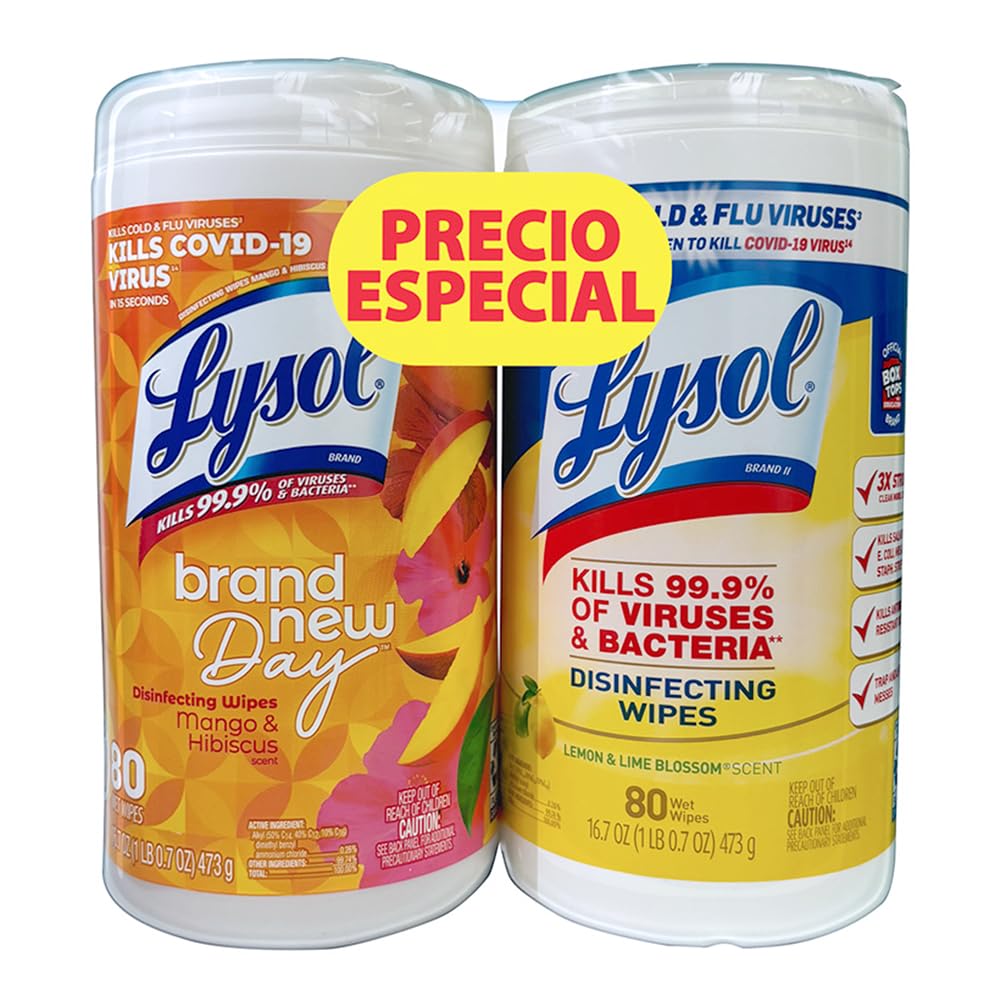 Lysol Toallitas Desinfectantes, 2pack, Fragancia Citrus y Mango Hibiscus, 80 toallitas c/u.