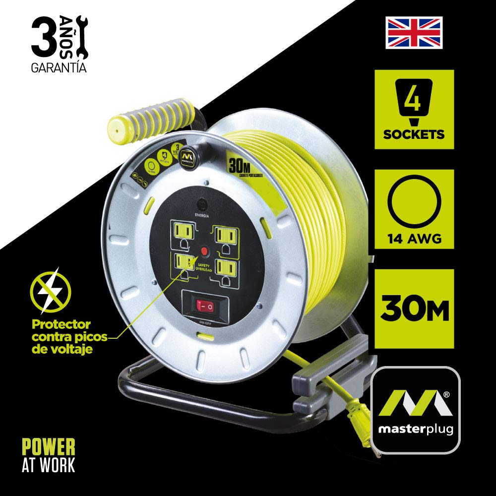 Extensión Eléctrica de 30 metros Tipo Carrete para Uso Rudo, Calibre 14 AWG, con 4 Multicontactos y Switch + Indicador LED Green
