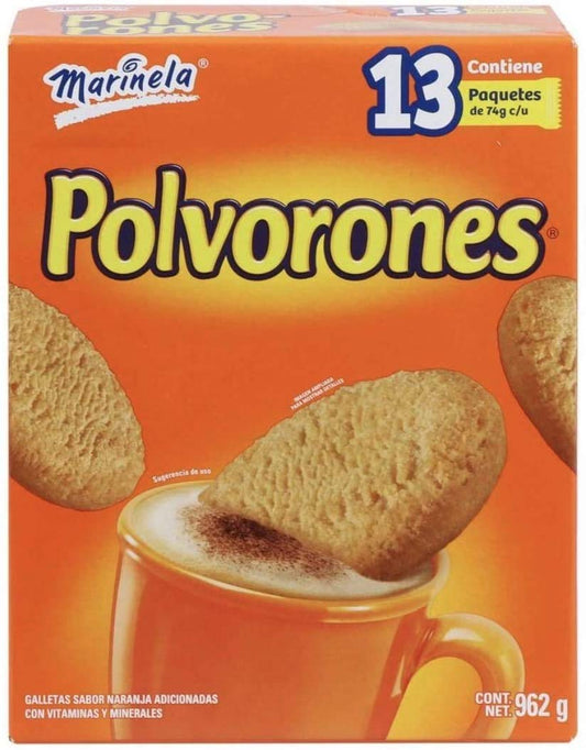 Marinela - GALLETAS POLVORONES MARINELA CAJA GRANDE CON 13 Paquetes de 74g c/u IDEAL PARA NEGOCIO SNACK BOTANA. GALLETAS SABOR NARANJA