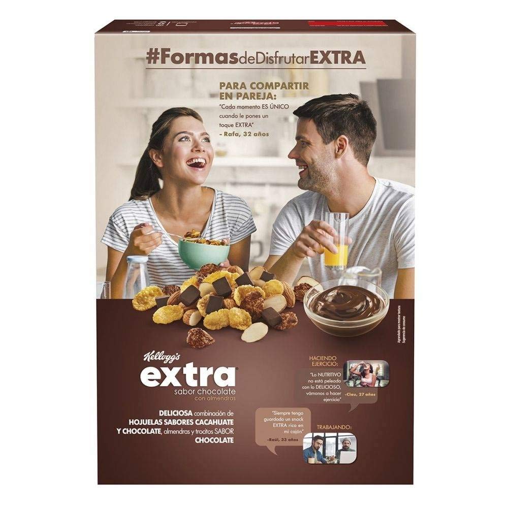 Kellogg's Cereal EXTRA CHOCOLATE CON ALMENDRAS 370g Hojuelas de Maíz con sabor a Cacahuate y Chocolate. Desayuno Nutritivo, Delicioso y lleno de energía.