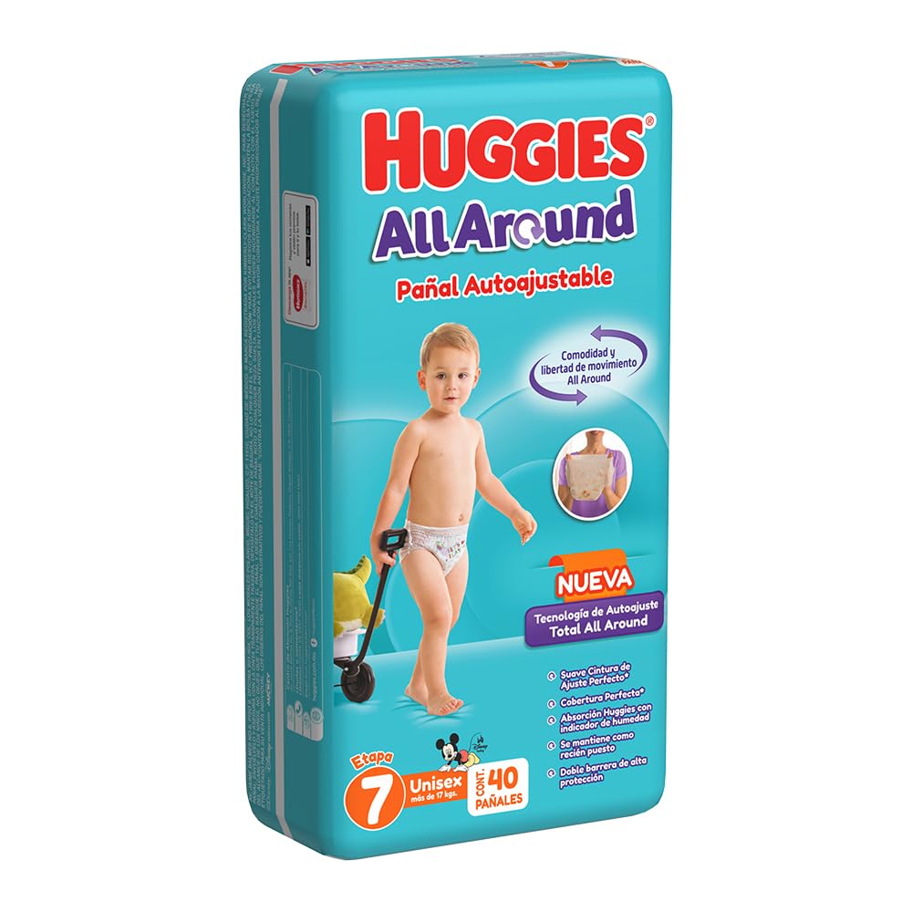 Huggies All Around Pañal Desechable para Bebé, Etapa 7 Unisex, Paquete con 40 piezas, Ideal para bebés de más de 17 kg