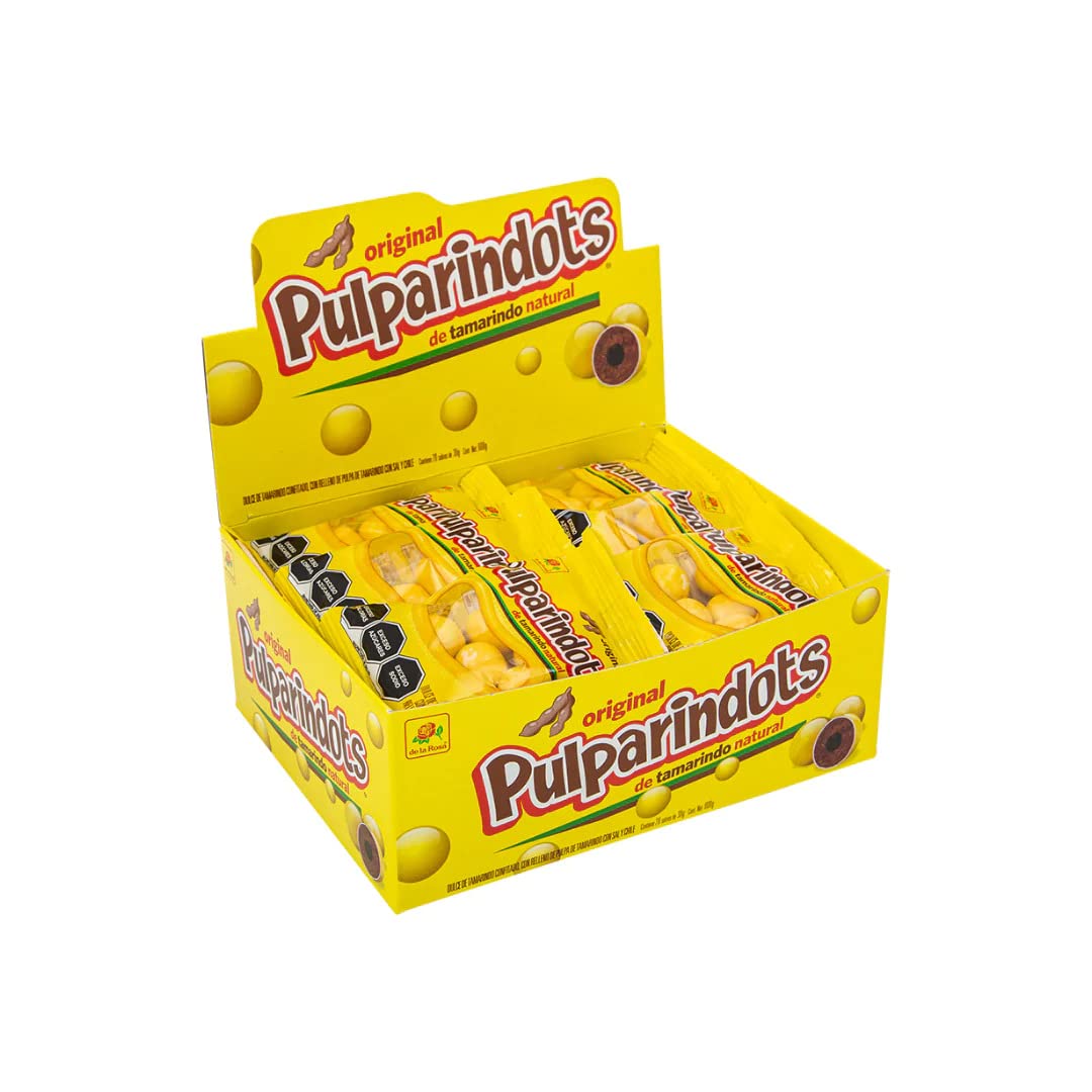 de la Rosa - Pulparindots caja con 20 bolsitas. Bolitas confitadas de pulparindo natural