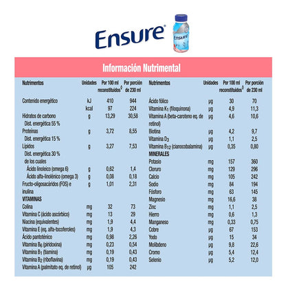 Ensure Clásico Fresa Chocolate 237ml, Alimentación Especializada, Caja con 12 Botellas (10 Fresa y 2 Chocolate)