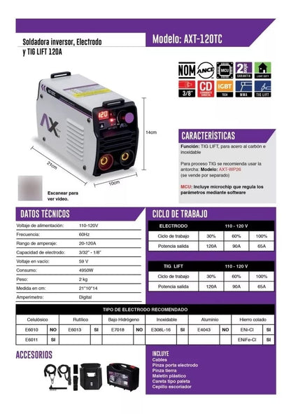 Ax Tech - AXT-120TC SOLDADOR INVERSOR 120 AMP ELECTRODO Y TIG LIFT