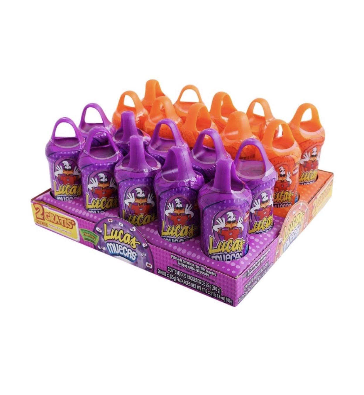 Lucas - PALETAS CON CHILE EN POLVO LUCAS MUECAS SABOR MANGO Y CHAMOY PAQUETE CON 20 PIEZAS SNACK BOCADILLO FIESTAS NEGOCIO