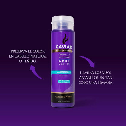 Caviar Professional, Shampoo sin sulfatos y parabenos, Duo shampoo matizador, Reparación total con extracto de caviar negro, Ecológico y Cruelty free
