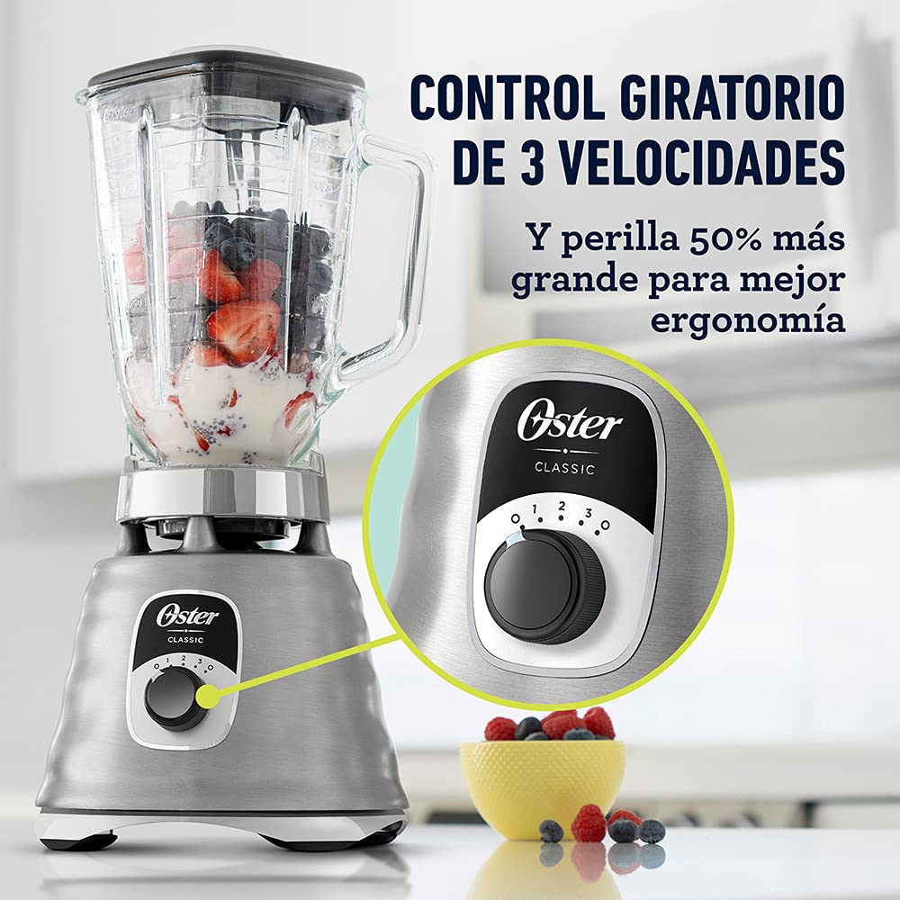 Oster - Licuadora clásica Oster cromada 3 velocidades vaso de vidrio BLST4655Z013