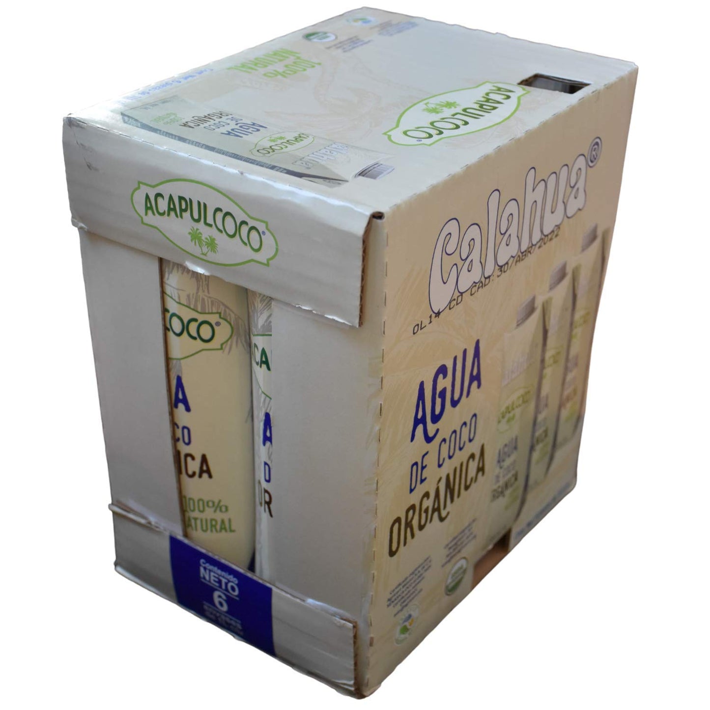 Acapulcoco Agua de Coco Orgánica Acapulcoco 6 piezas de1 litro, bebida hidratante Natural, producto Mexicano. Certificación Kosher