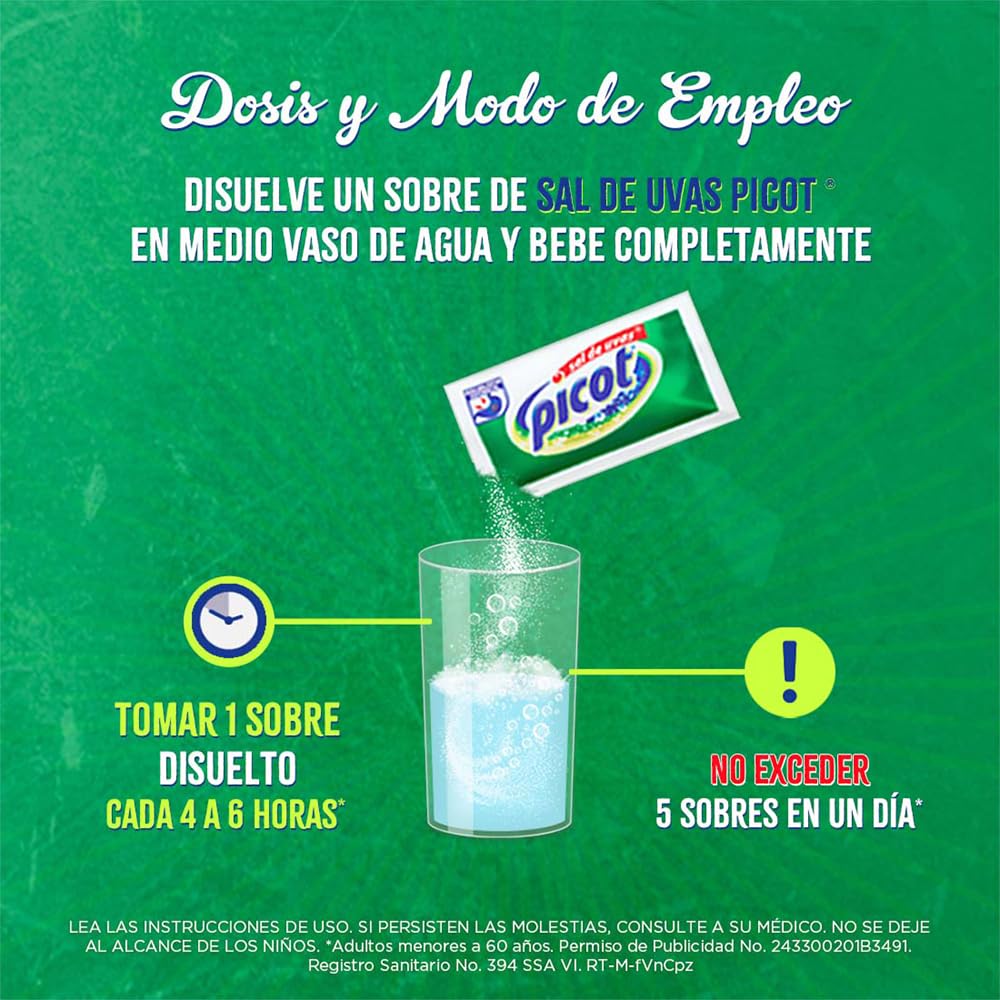 Picot Sal de Uvas Antiácido Polvo Efervescente, pack de 6 cajas con 10 sobres cada una