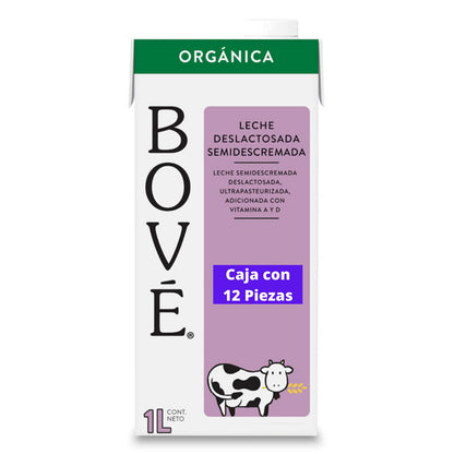 Bové Leche Deslactosada semi-descremada, 1L x 12 piezas, Ultrapasteurizada, Adicionada con Vitamina A y D