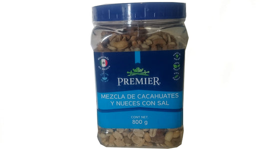Premiere - PREMIER Cacahuates y Nueces mixtas CON SAL, botana snack para tu reunión fiesta con cacahuate tostado almendra tostada salada nuez de la india frita 800 gramos