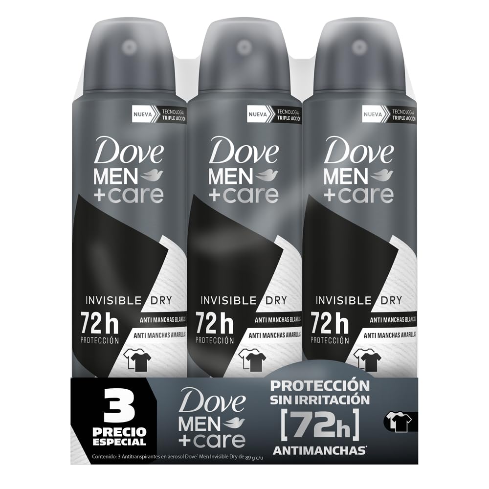 DOVE MEN Antitranspirante en Aerosol 3 pack Invisible Dry, con tecnología hidratante y 72 h de protección contra el sudor, el mal olor y la irritación 150 ml c/u