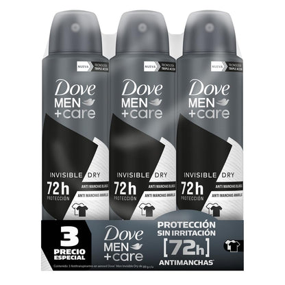 DOVE MEN Antitranspirante en Aerosol 3 pack Invisible Dry, con tecnología hidratante y 72 h de protección contra el sudor, el mal olor y la irritación 150 ml c/u