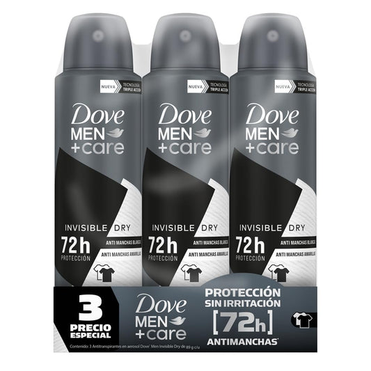 DOVE MEN Antitranspirante en Aerosol 3 pack Invisible Dry, con tecnología hidratante y 72 h de protección contra el sudor, el mal olor y la irritación 150 ml c/u
