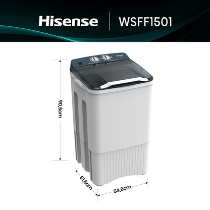 Hisense Lavadora WSFF1501, Semiautomática, 15 Kg, Temporizador de Lavado y Centrifugado, 55x52x91cm(AnchoxLargoxAlto), Blanco/Gris