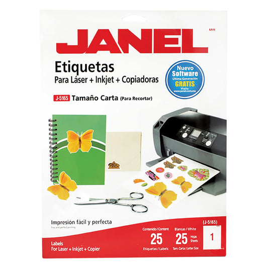 JANEL J5165 | Etiquetas Adhesivas Láser | Tamaño Carta 216 mm x 279 mm | Compatibles con Impresoras Láser e Inyección de Tinta | Para Oficina, Envíos, Identificación y Organización | Adhesivo Duradero