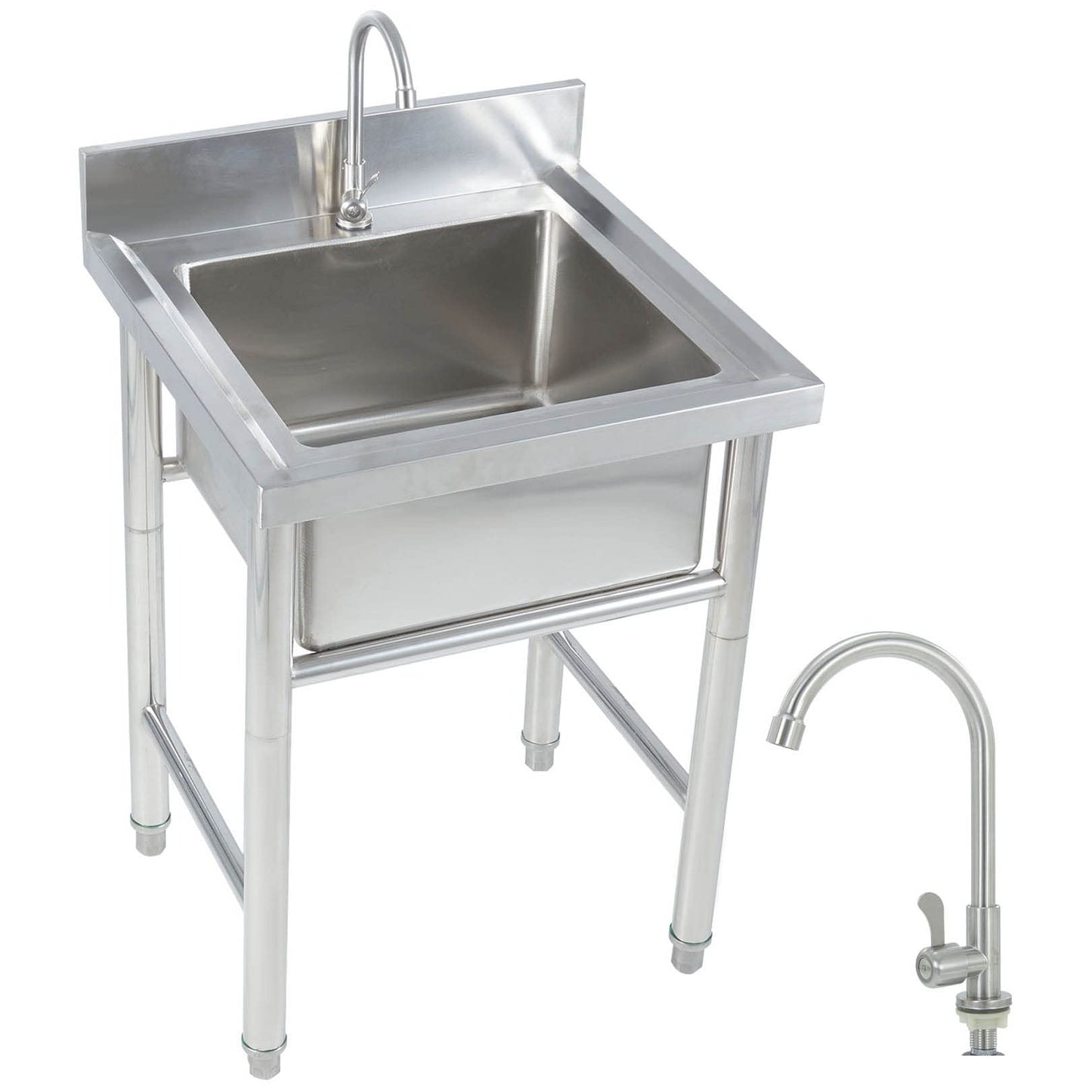 Fregadero de un solo tazón Fregadero de acero inoxidable Estación de lavado de manos independiente Fregaderos de preparación para interiores y exteriores con escurridor y grifo, plateado