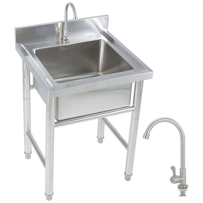 Fregadero de un solo tazón Fregadero de acero inoxidable Estación de lavado de manos independiente Fregaderos de preparación para interiores y exteriores con escurridor y grifo, plateado