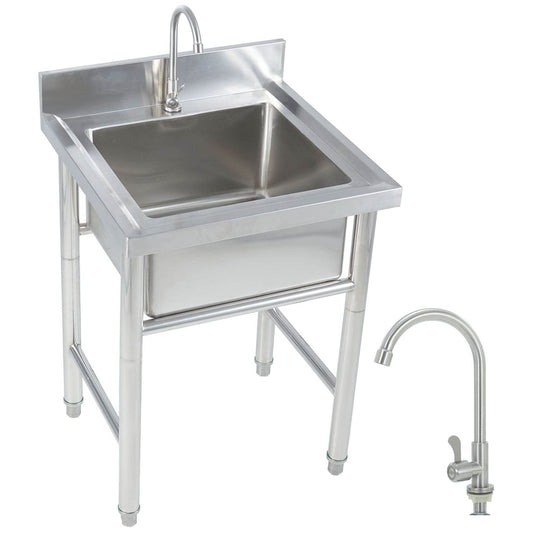 Fregadero de un solo tazón Fregadero de acero inoxidable Estación de lavado de manos independiente Fregaderos de preparación para interiores y exteriores con escurridor y grifo, plateado