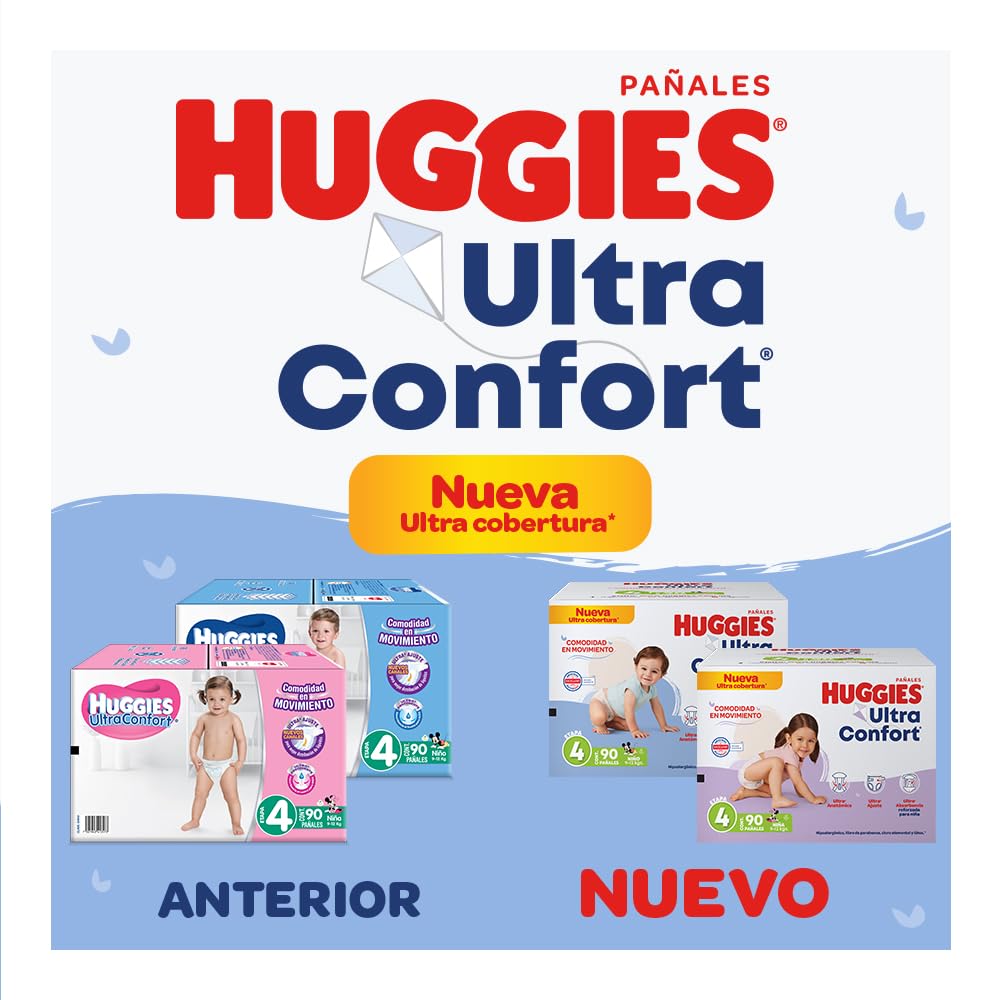 Huggies UltraConfort Pañal Desechable para Bebé, Etapa 4 Niño, Caja con 90 piezas, Ideal para Bebés de 9 a 12 kg