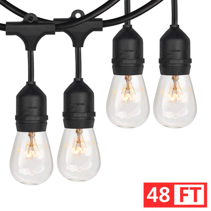 BRIGHTSHOW - Techo 48FT LED Luces de cadena al aire libre Impermeable Regulable 15PCS 2W Vintage Edison Bulbos de vidrio