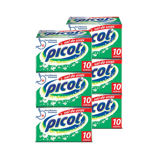 Picot Sal de Uvas Antiácido Polvo Efervescente, pack de 6 cajas con 10 sobres cada una