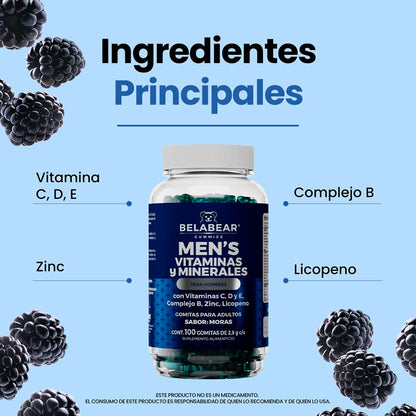 BELABEAR - Belabear | Multivitamínico para hombres, Vitamina C, D y E, Complejo B, Zinc y Licopeno sabor Moras | Contiene 100 gomitas