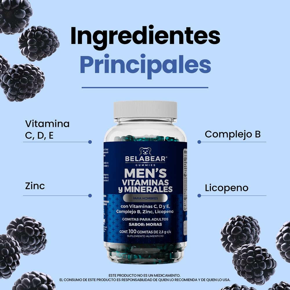 Belabear Gomitas Vitaminadas, Hombre, Adicionadas de Vitamina C, D Y E, Complejo B, Zinc Y Licopeno, 100 Piezas