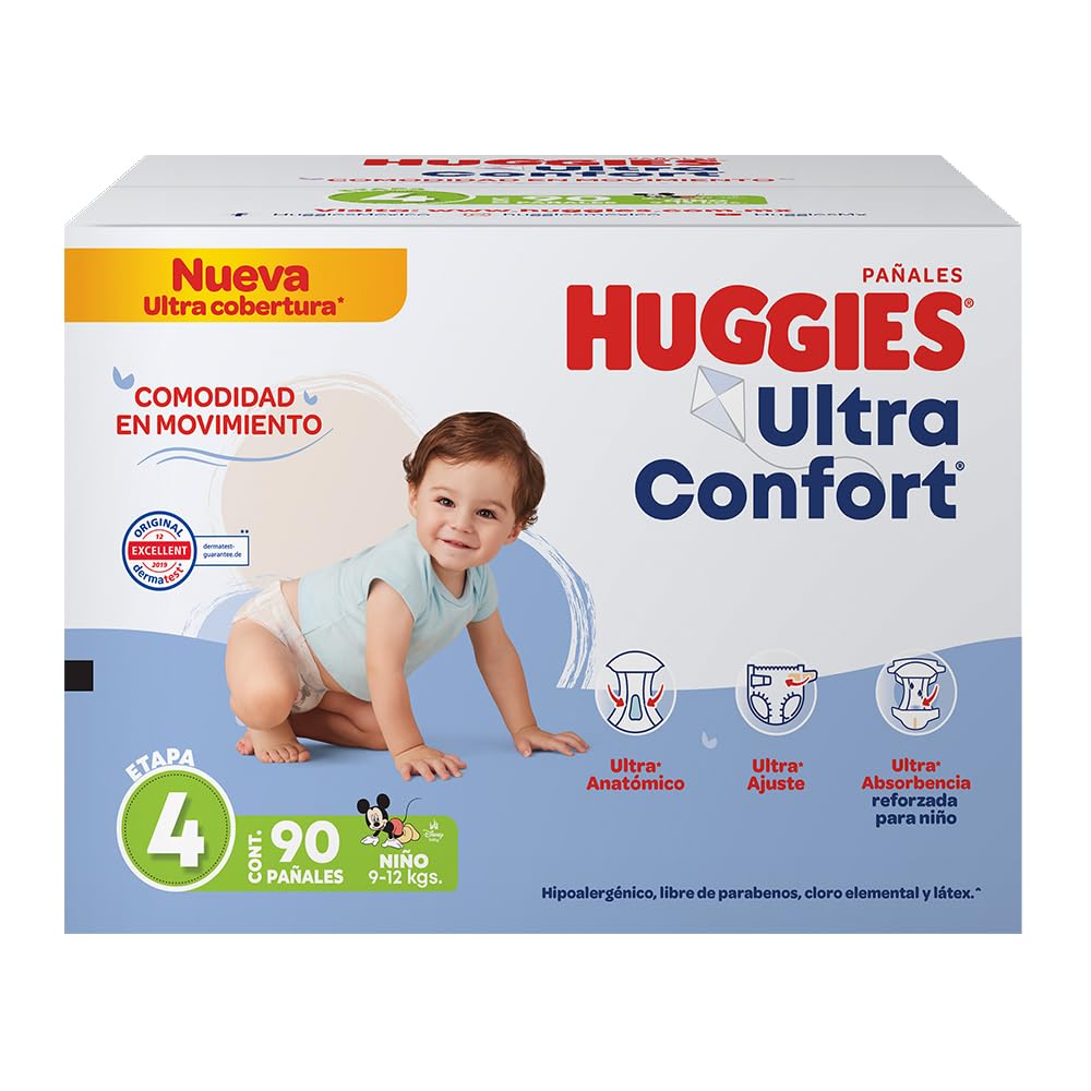 Huggies UltraConfort Pañal Desechable para Bebé, Etapa 4 Niño, Caja con 90 piezas, Ideal para Bebés de 9 a 12 kg