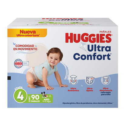 Huggies UltraConfort Pañal Desechable para Bebé, Etapa 4 Niño, Caja con 90 piezas, Ideal para Bebés de 9 a 12 kg