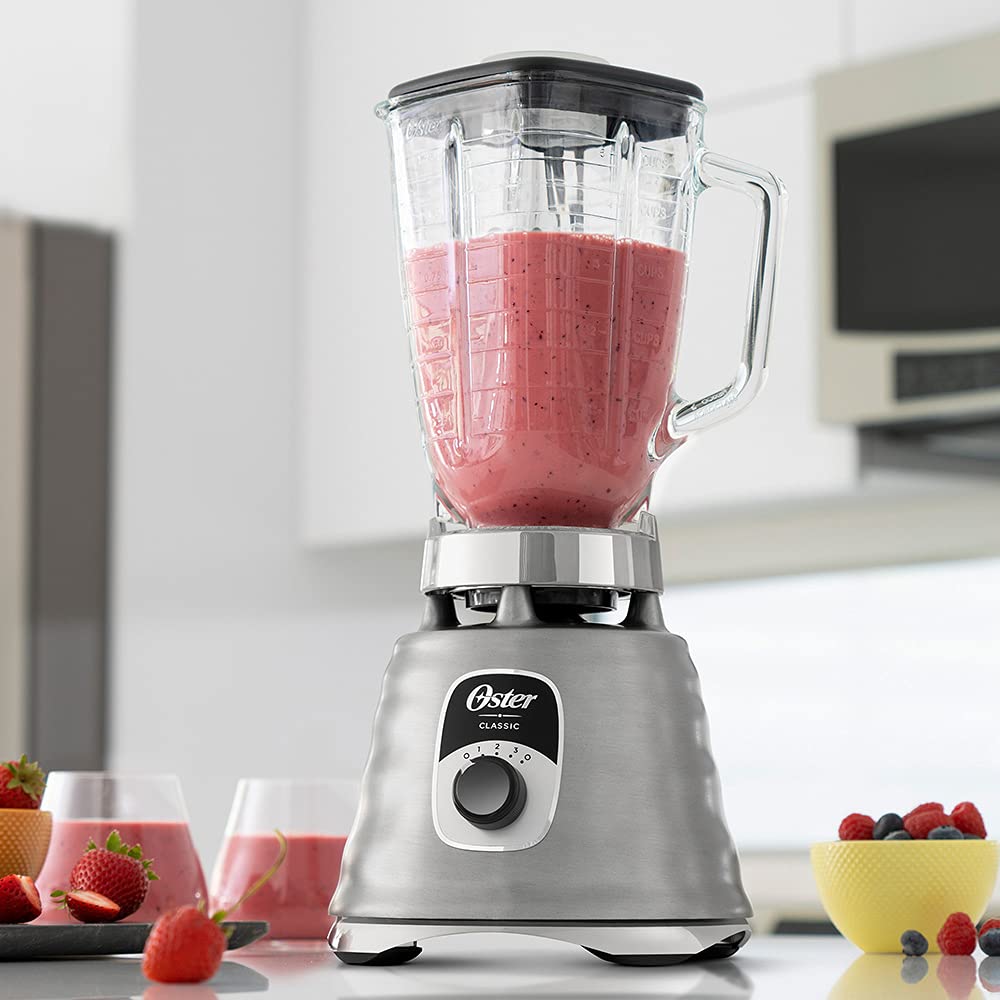 Oster - Licuadora clásica cromada 3 velocidades vaso de vidrio BLST4655Z013