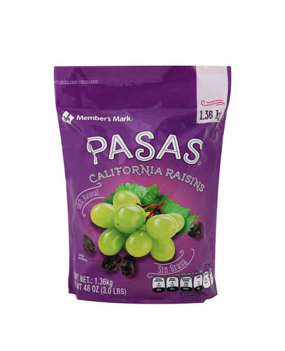 Member's Mark - PASAS CALIFORNA RAISINS MEMBERS MARK BOLSA RESELLABLE GRANDE DE 1.36 KILOGRAMOS BOTANA POSTRE SNACK FIESTAS